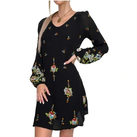Free People | Black Long Sleeve Embroidered Dress